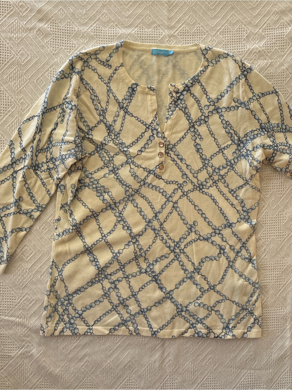 Cream 3/4Sleeve Sweater Top with Blue Chain Print